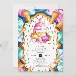 Invitación Personalizado Watercolor Dessert Ice Cream Cumplea