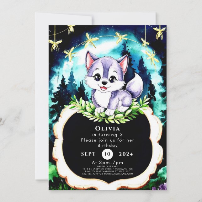 Invitación Personalizado Watercolor Wolf Cumpleaños (Anverso)