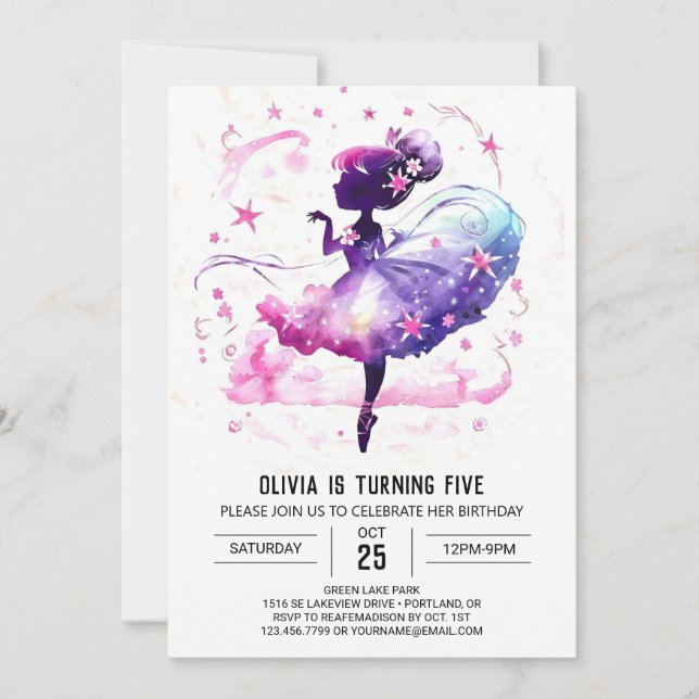 Invitación Personalizado Whimsical Ballerina Cumpleaños (Anverso)