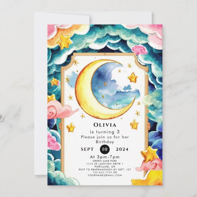 Invitación Personalizado Whimsical Moon Birthday (Anverso)