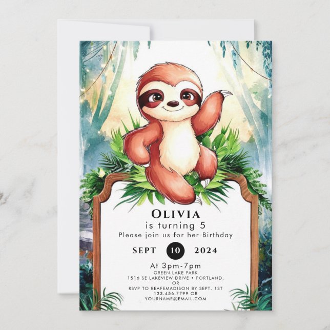 Invitación Personalizado Whimsical Sloth Cumpleaños (Anverso)