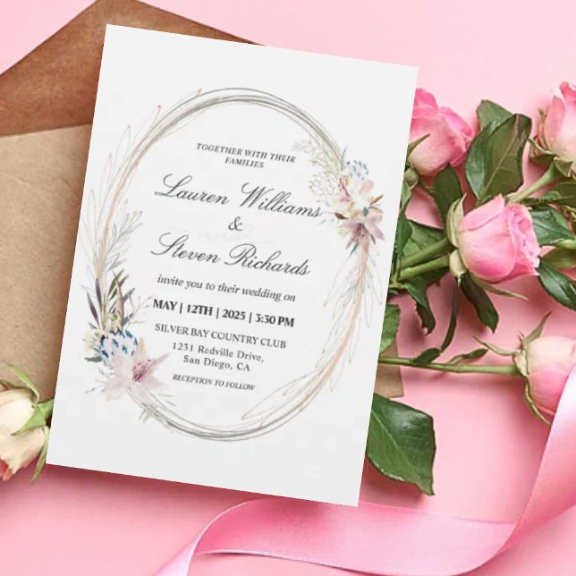 Invitación Personalizado White Pink Whimsical Wreath Floral P (Custom White Pink Whimsical Wreath Floral Premium Invitation)