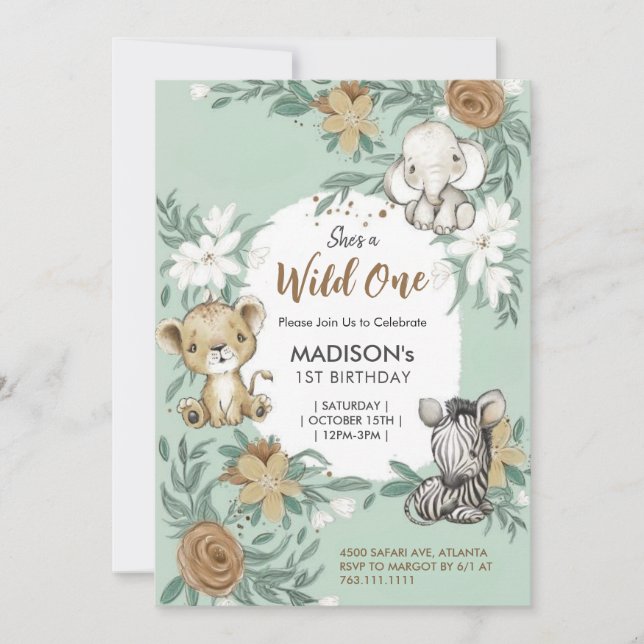 Invitación Personalizado Wild One Green White Jungle Animals (Anverso)