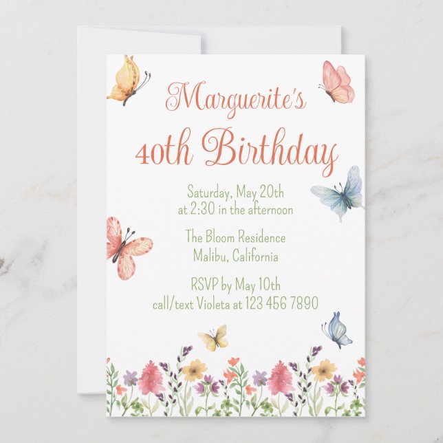 Invitación Personalizado Wildflowers Butterflies 40° Fiesta d (Anverso)