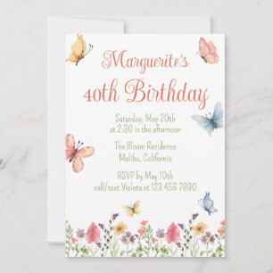 Invitación Personalizado Wildflowers Butterflies 40° Fiesta d