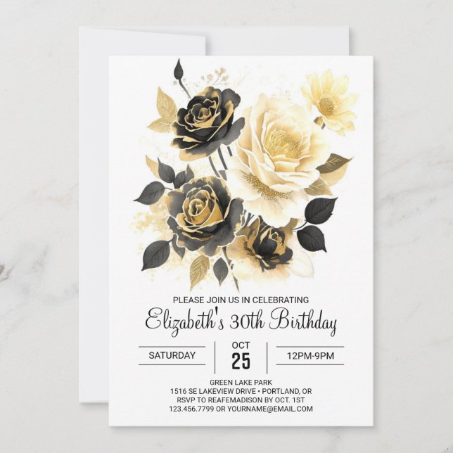Invitación Personalizado Wildflowers Gold y Black 30 cumpleañ (Anverso)