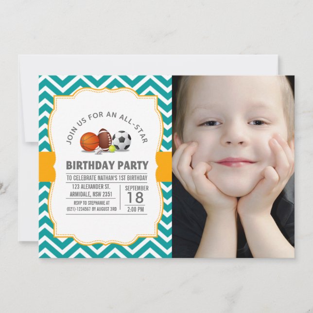 Invitación Personalizado y foto de la fiesta deportiva de tod (Anverso)
