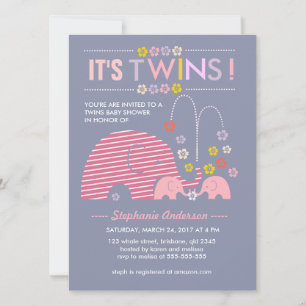Invitación Personalizados gemelos elefante bebé y ducha de fl