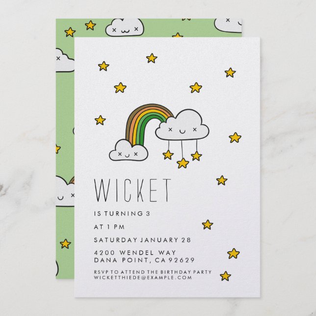 Invitación ¡Personalízalo! Feliz arcoiris verde y estrellas (Anverso / Reverso)