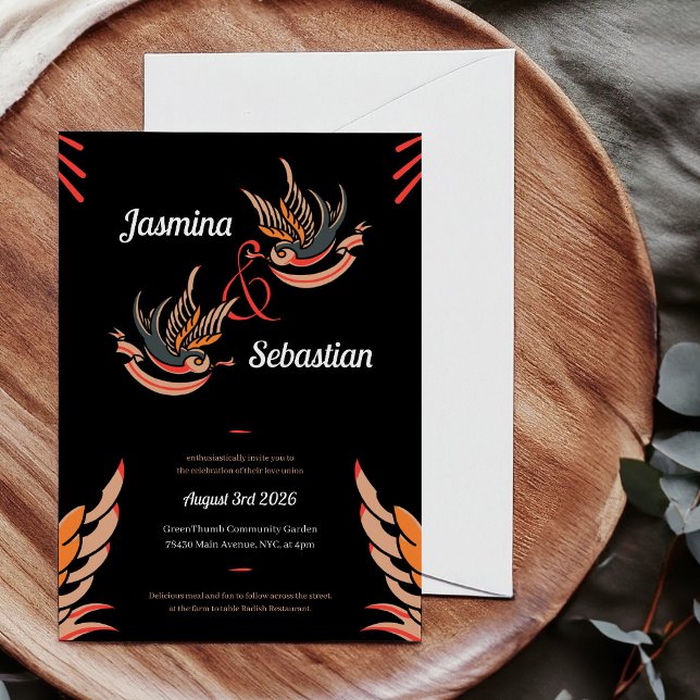 Invitación Personalizar Amor Trague Tattoo Boda Rockabilly (Retro rockabilly Wedding Invitation with card, with tattoo style love swallows on black background.)