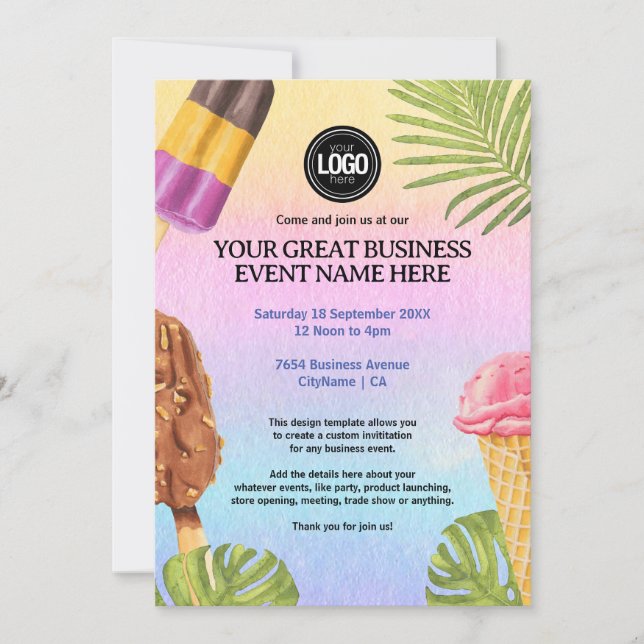 Invitación Personalizar el logotipo comercial helado acuarela (Anverso)