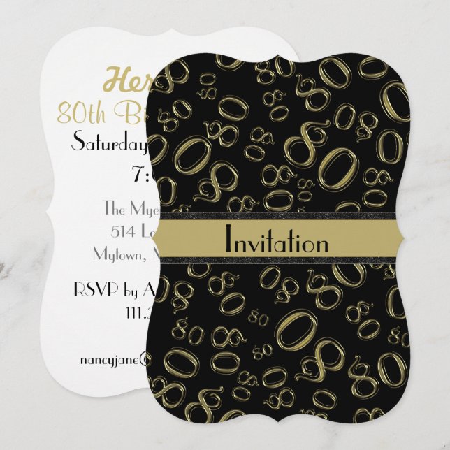 Invitación Personalizar: Fiesta de oro y cumpleaños negro 80 (Anverso / Reverso)