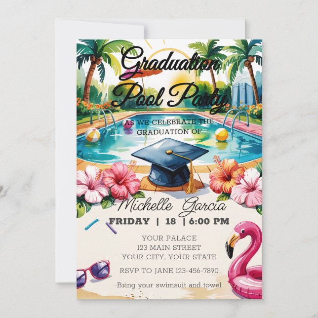 Invitación Personalizar Flamingo Pool Graduation Party Hibisc (Anverso)