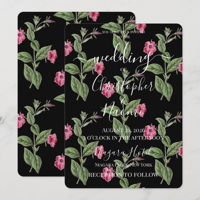Invitación PERSONALIZAR: Flores Rosas Retro en Negro (Anverso / Reverso)