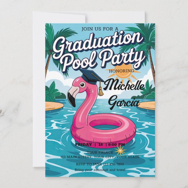 Invitación Personalizar Funny Flamingo Graduación Cap Pool Fi (Anverso)