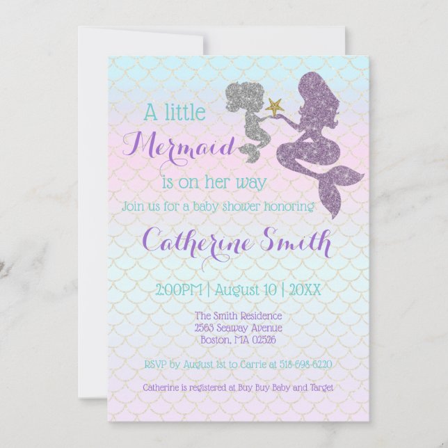 Invitación Personalizar Mermaid Baby Shower Sparkle Purple Ve (Anverso)