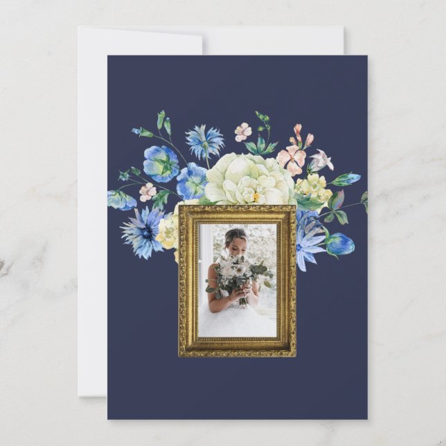 Invitación Personalizar Photo Classic Flores blancas | Navy B (Reverso)