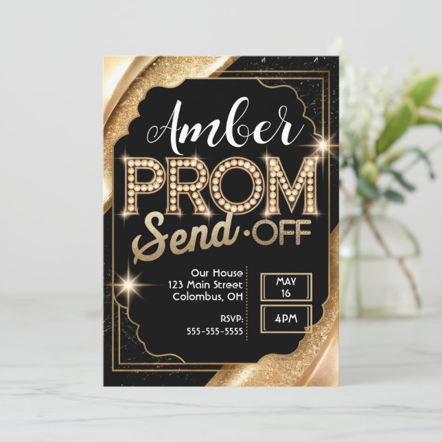 Invitación Personalizar PROM SEND-OFF Sparkling Black and Gol (Anverso de pie)