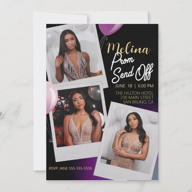 Invitación Personalizar Purple Gold Photo Prom Desactivado (Anverso)