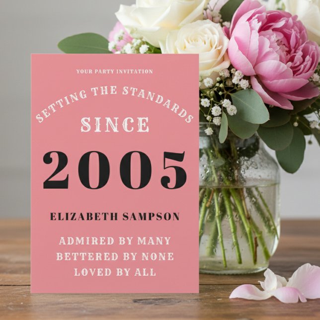 Invitación Personalized 21st Birthday 2005 Add Your Name Pink (2005 birthday invitation on a table with flowers.)