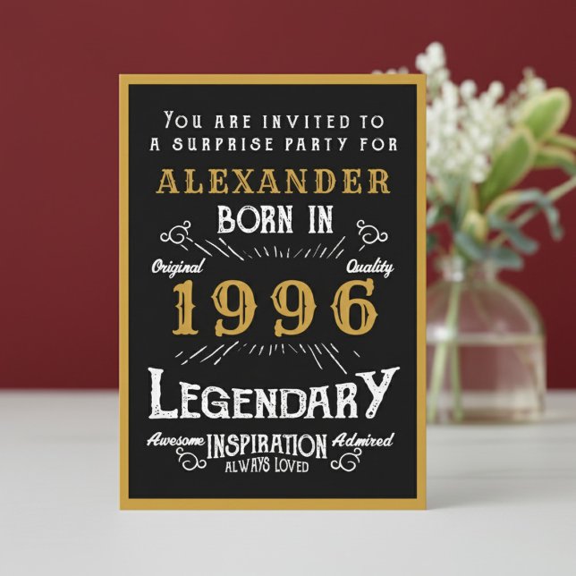 Invitación Personalized 30th Birthday 1996 Black Gold Legend (1996 birthday invitation. White and red background.)
