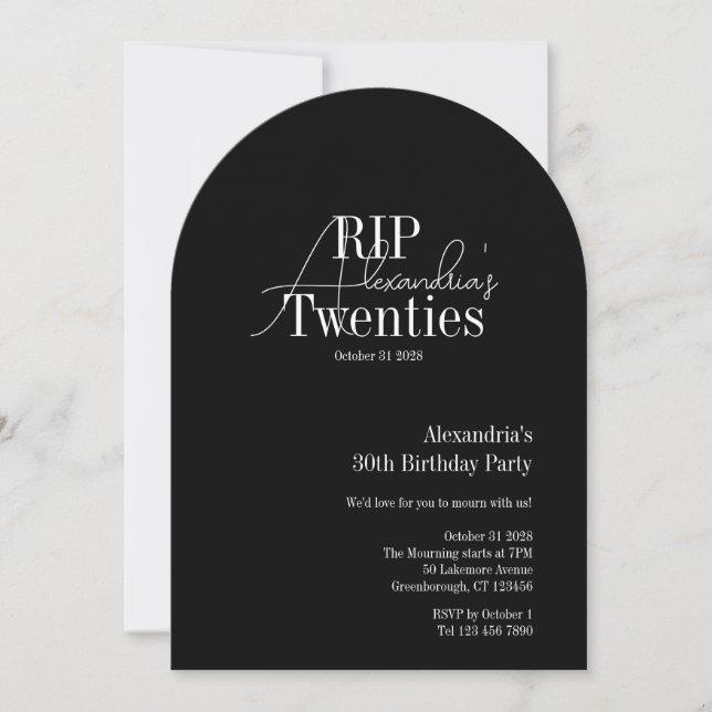 Invitación Personalized 30th birthday RIP 20s party (Anverso)