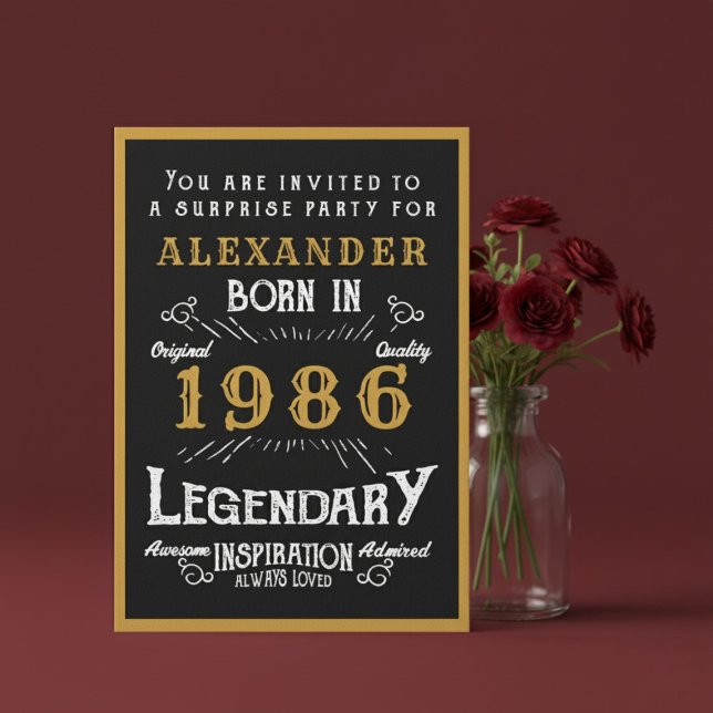 Invitación Personalized 40th Birthday 1986 Black Gold Legend (1986 birthday invitation. Red background.)