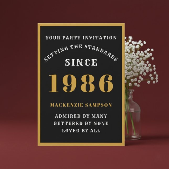 Invitación Personalized 40th Birthday 1986 Elegant Black Gold (1986 birthday invitation. Red background.)