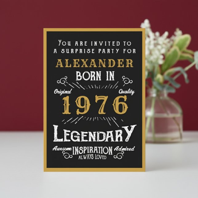 Invitación Personalized 50th Birthday 1976 Black Gold Legend (1976 birthday invitation. White and red background.)