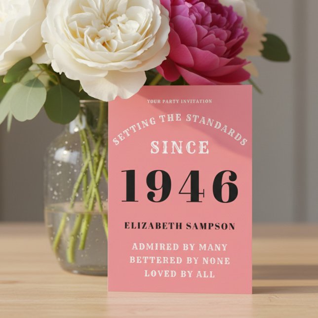Invitación Personalized 80th Birthday 1946 Add Your Name Pink (1946 pink birthday invite on a table with flowers)