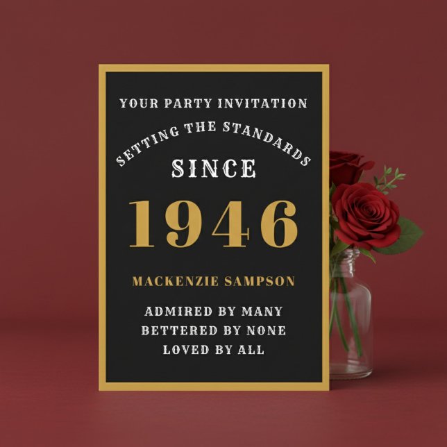 Invitación Personalized 80th Birthday 1946 Elegant Black Gold (1946 birthday invitation. Red background.)