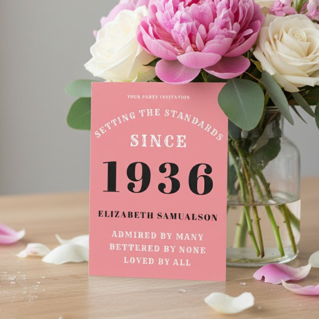 Invitación Personalized 90th Birthday 1936 Add Your Name Pink (1936 pink birthday invitation on a table with flowers)