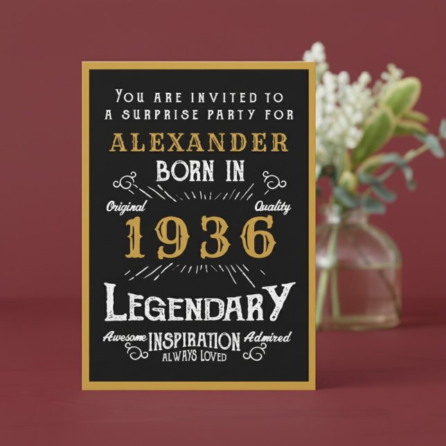 Invitación Personalized 90th Birthday 1936 Black Gold Legend (1936 birthday invitation. Red background.)