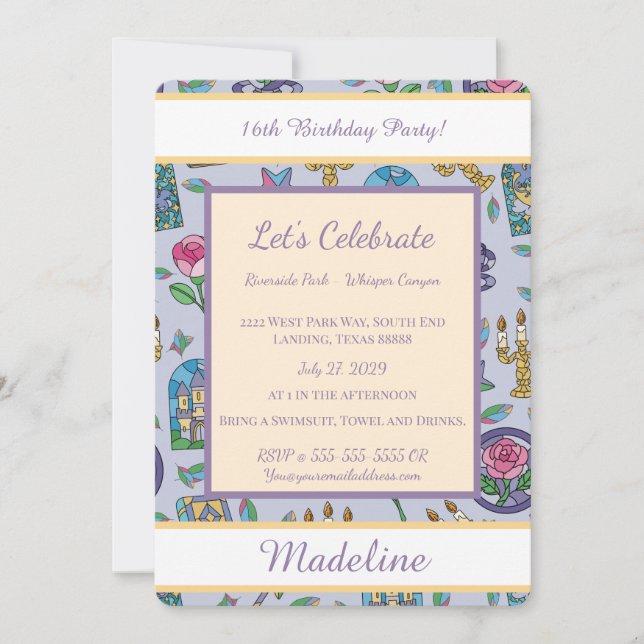 Invitación Personalized Beauty and the Beast Book Girl (Anverso)