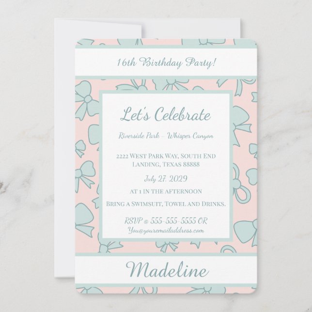 Invitación Personalized Birthday Blue Bow Sweet Invitation (Anverso)