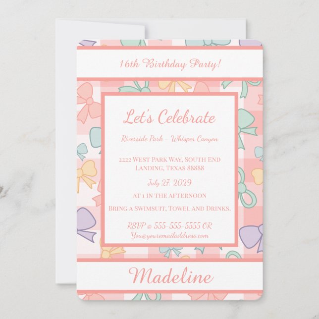 Invitación Personalized Birthday Bow Gingham Sweet Invitation (Anverso)