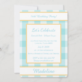 Invitación Personalized Birthday Gingham Blue Invitation