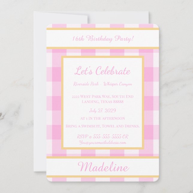 Invitación Personalized Birthday Gingham Pink Invitation (Anverso)