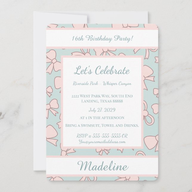 Invitación Personalized Birthday Pink Bow Sweet Invitation (Anverso)