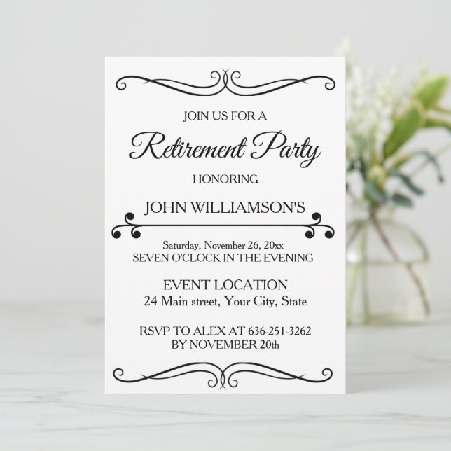 Invitación Personalized black elegant retirement party  (Anverso de pie)