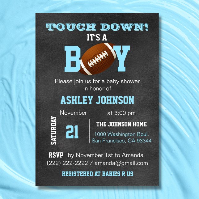 Invitación Personalized Chalkboard Football Theme Baby Shower (Personalized Chalkboard Football Theme Baby Shower Invitation)