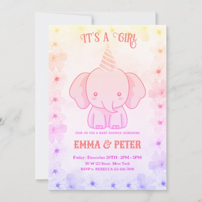 Invitación Personalized Cute Elephant Pink Baby Shower (Anverso)