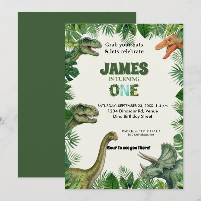 Invitación Personalized Dino 1st Birthday Invitation Suite (Anverso / Reverso)