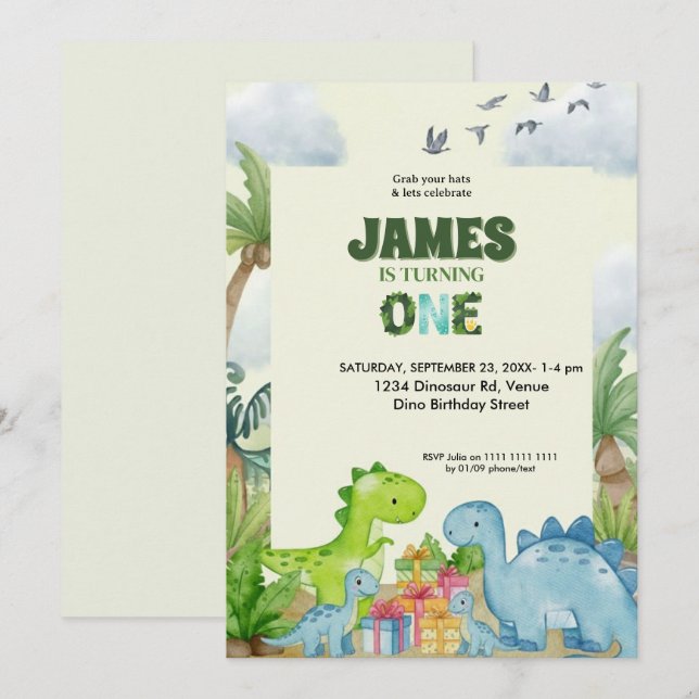 Invitación Personalized Dinosaur 1st Birthday Invitation (Anverso / Reverso)