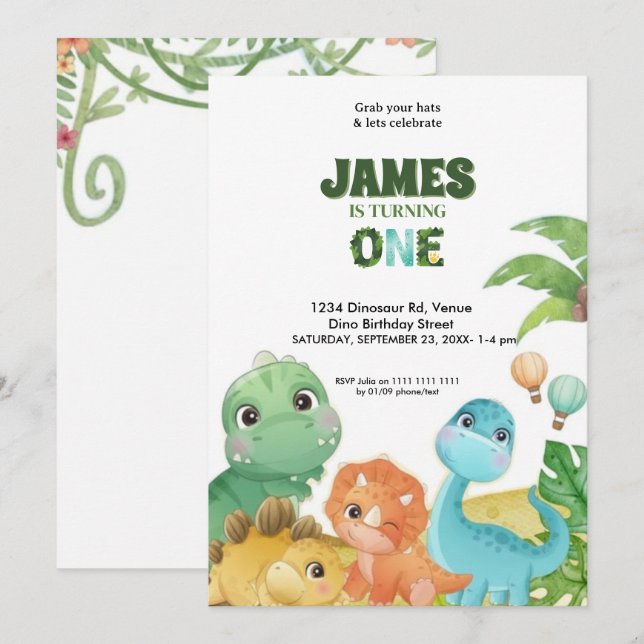 Invitación Personalized Dinosaur 1st Birthday Invitation  (Anverso / Reverso)