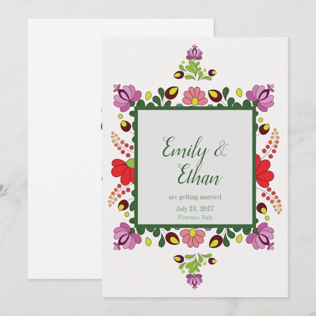 Invitación Personalized Folk Floral Wedding & Back Design (Anverso / Reverso)