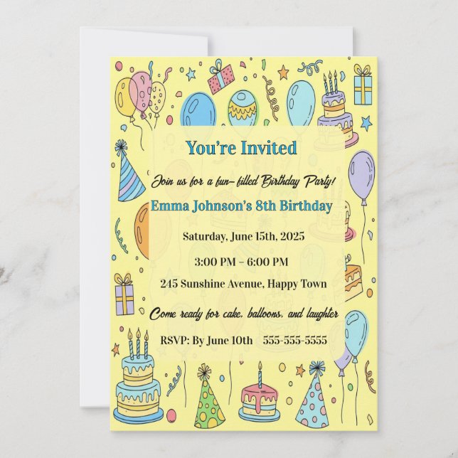 Invitación Personalized Fun Doodle Art Kids Birthday Party (Anverso)