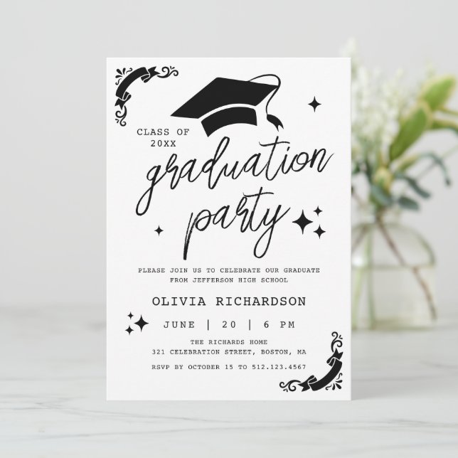 Invitación Personalized Graduation Elegant Script Stars & Cap (Anverso de pie)