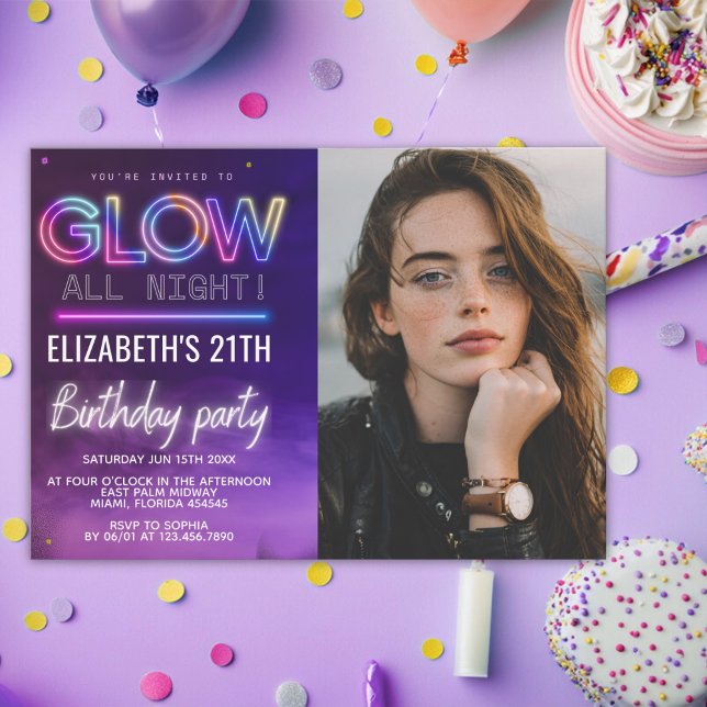 Invitación Personalized Neon Glow Birthday Invitation Photo (Subido por el creador)