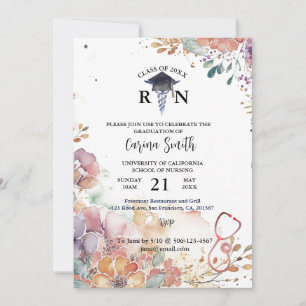 Invitación Personalized Nursing Graduation Watercolor Flowers